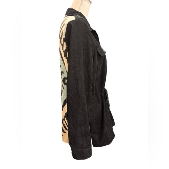 DAVI & DANI Dual Fabric Button Up Jacket W/Drawstring Waist Aztec Print on Back - Picture 7 of 12
